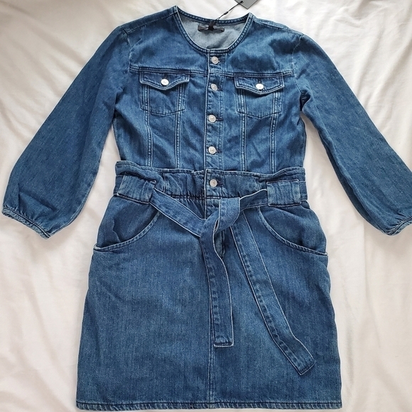 Hudson Blouson Sleeve Paper Bag Denim Longsleeve Dress - Medium Indigo Blue - Picture 2 of 16